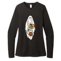 Floral Ghost Halloween Graphic Womens CVC Long Sleeve Shirt