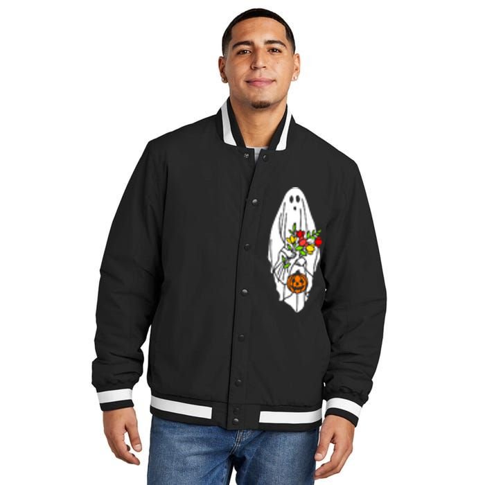 Floral Ghost Halloween Graphic Insulated Varsity Jacket