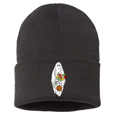 Floral Ghost Halloween Graphic Sustainable Knit Beanie