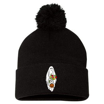 Floral Ghost Halloween Graphic Pom Pom 12in Knit Beanie