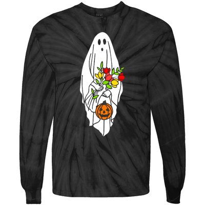 Floral Ghost Halloween Graphic Tie-Dye Long Sleeve Shirt