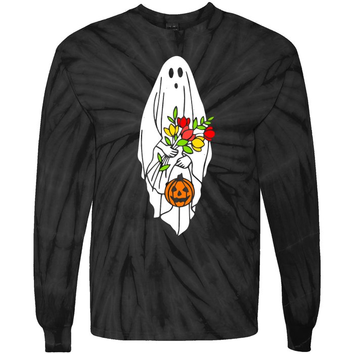 Floral Ghost Halloween Graphic Tie-Dye Long Sleeve Shirt