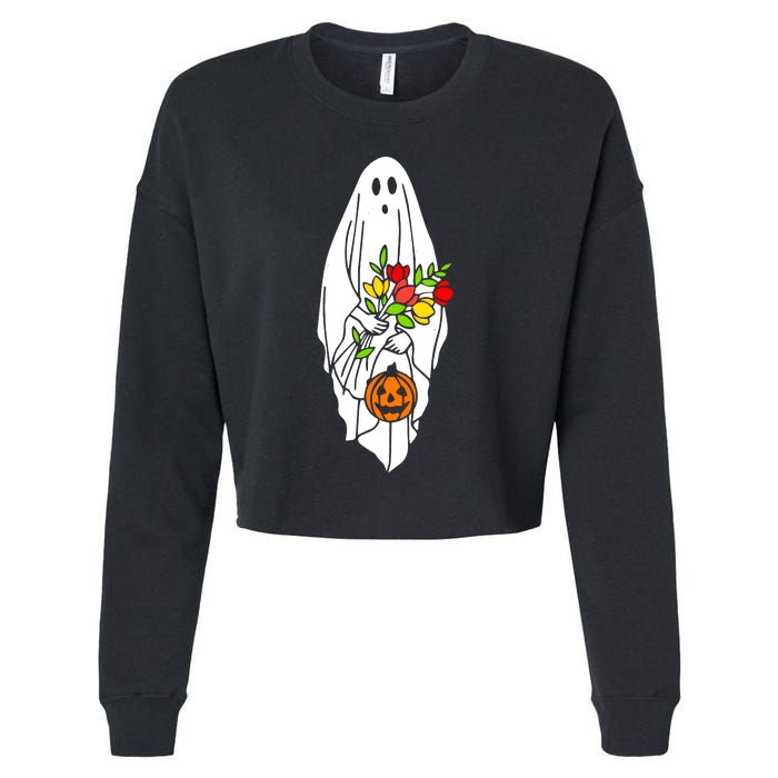 Floral Ghost Halloween Graphic Cropped Pullover Crew