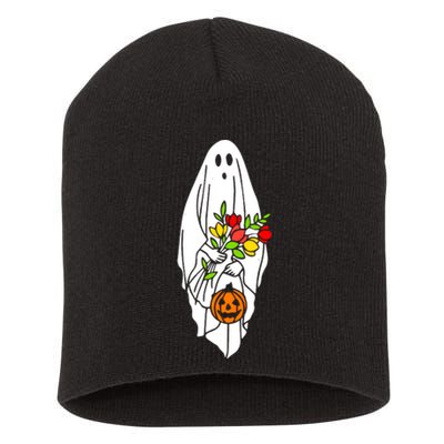 Floral Ghost Halloween Graphic Short Acrylic Beanie