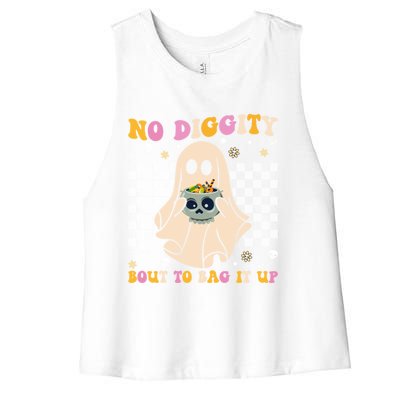 Funny Ghost Halloween Design No Diggity Bout To Bag It Up Cute Gift Women's Racerback Cropped Tank