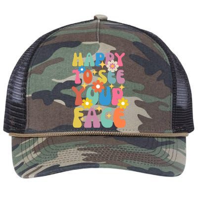 Funny Groovy Happy To See Your Face Teachers Students First Day Of School Retro Rope Trucker Hat Cap