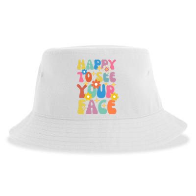 Funny Groovy Happy To See Your Face Teachers Students First Day Of School Sustainable Bucket Hat