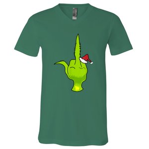 Funny Green Hand Middle Finger Xmas Santa V-Neck T-Shirt