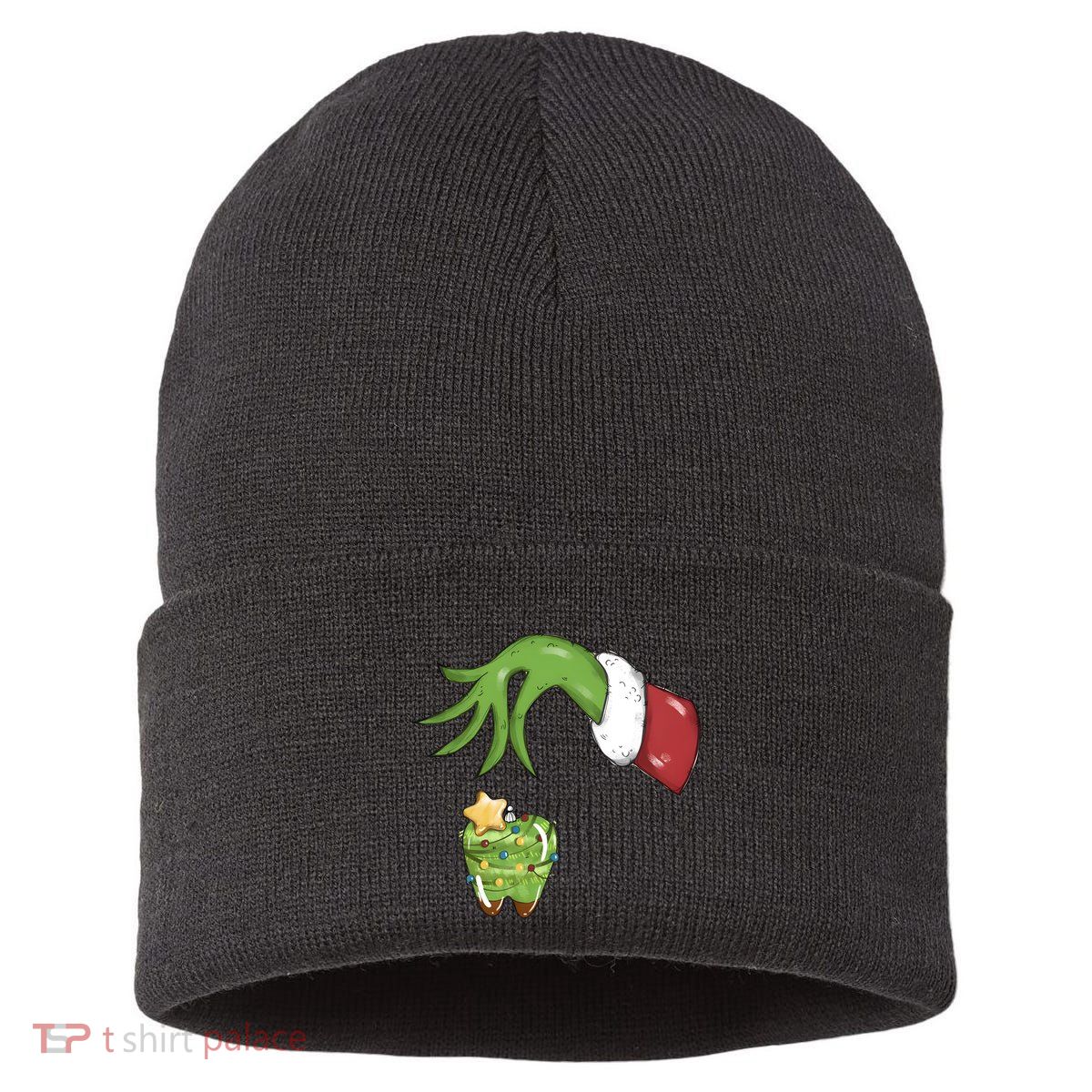 Funny Grinchmas Hand Christmas Lights Tooth Dental Dentist Sustainable Knit Beanie