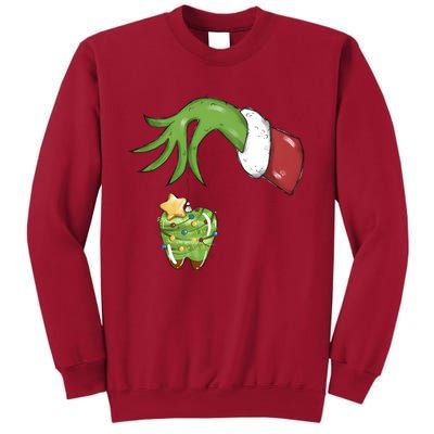 Funny Grinchmas Hand Christmas Lights Tooth Dental Dentist Tall Sweatshirt