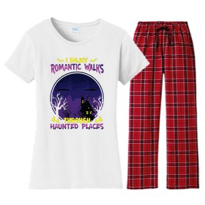 Funny Ghost Hunting Romantic Walk Paranormal Halloween Women's Flannel Pajama Set