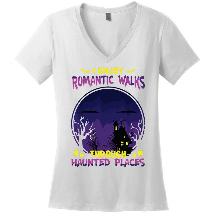 Funny Ghost Hunting Romantic Walk Paranormal Halloween Women's V-Neck T-Shirt