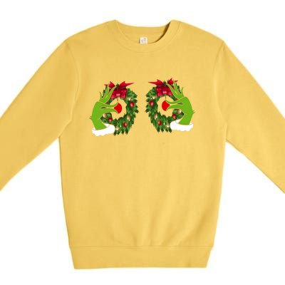 Funny Grinch Hands Is On The Breast Christmas Premium Crewneck Sweatshirt