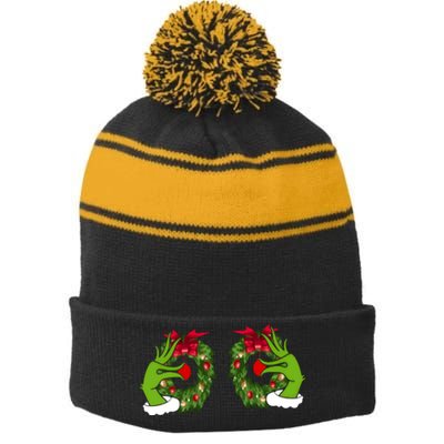 Funny Grinch Hands Is On The Breast Christmas Stripe Pom Pom Beanie