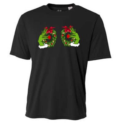 Funny Grinch Hands Is On The Breast Christmas Cooling Performance Crew T-Shirt