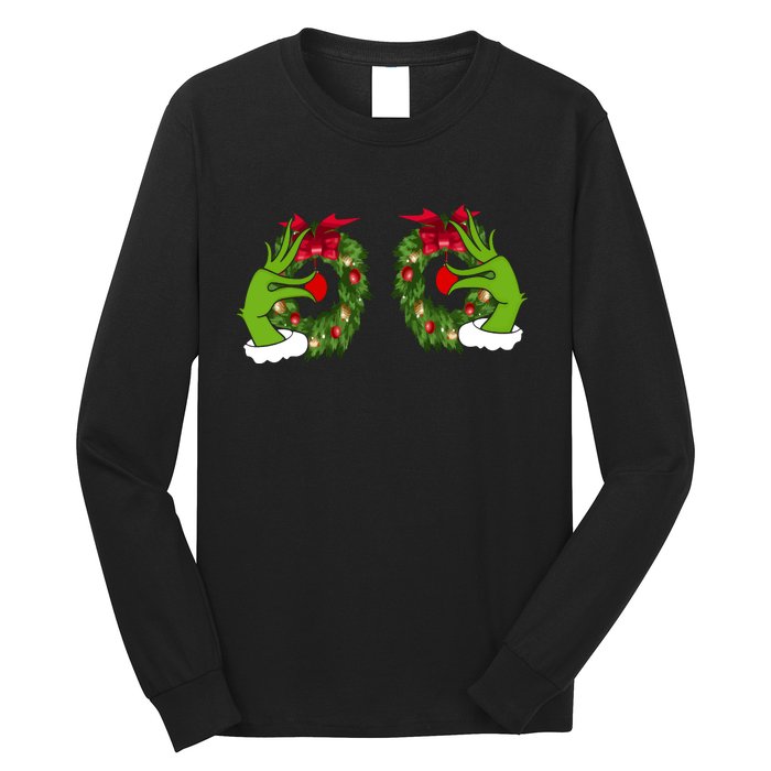 Funny Grinch Hands Is On The Breast Christmas Long Sleeve Shirt