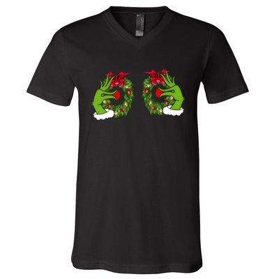 Funny Grinch Hands Is On The Breast Christmas V-Neck T-Shirt