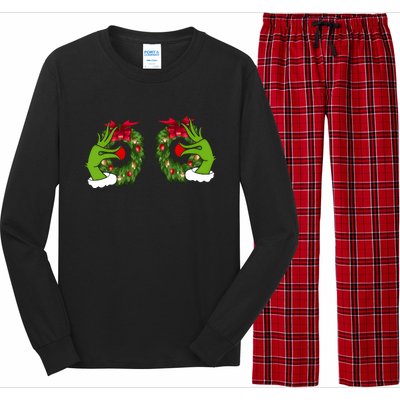 Funny Grinch Hands Is On The Breast Christmas Long Sleeve Pajama Set