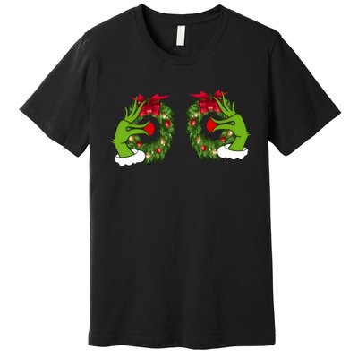 Funny Grinch Hands Is On The Breast Christmas Premium T-Shirt