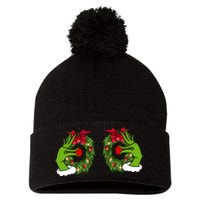 Funny Grinch Hands Is On The Breast Christmas Pom Pom 12in Knit Beanie