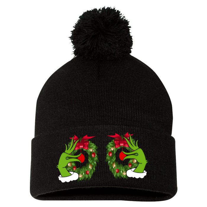 Funny Grinch Hands Is On The Breast Christmas Pom Pom 12in Knit Beanie