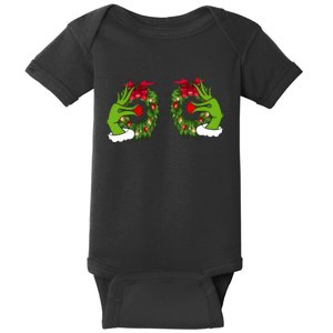 Funny Grinch Hands Is On The Breast Christmas Baby Bodysuit