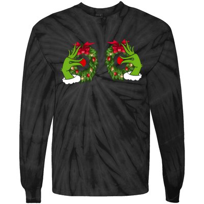 Funny Grinch Hands Is On The Breast Christmas Tie-Dye Long Sleeve Shirt