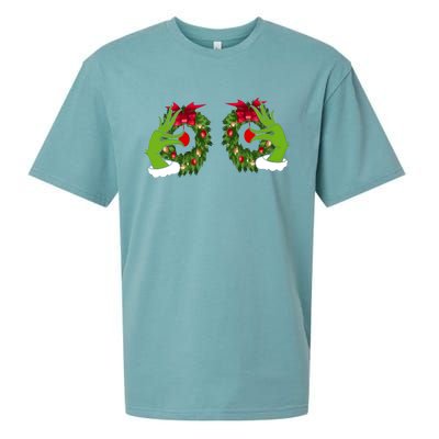 Funny Grinch Hands Is On The Breast Christmas Sueded Cloud Jersey T-Shirt