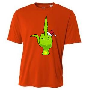 Funny Green Hand Middle Finger Xmas Santa Cooling Performance Crew T-Shirt