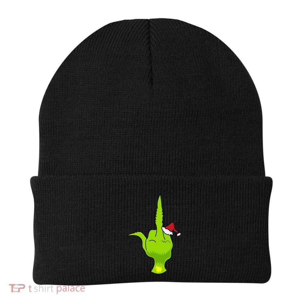 Funny Green Hand Middle Finger Xmas Santa Knit Cap Winter Beanie