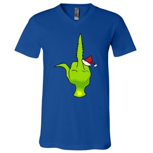 Funny Green Hand Middle Finger Xmas Santa V-Neck T-Shirt