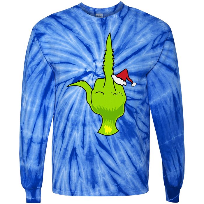 Funny Green Hand Middle Finger Xmas Santa Tie-Dye Long Sleeve Shirt