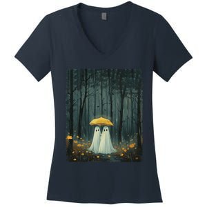 Floral Ghost Holds Umbrella Couple Spooky Season Women's V-Neck T-Shirt