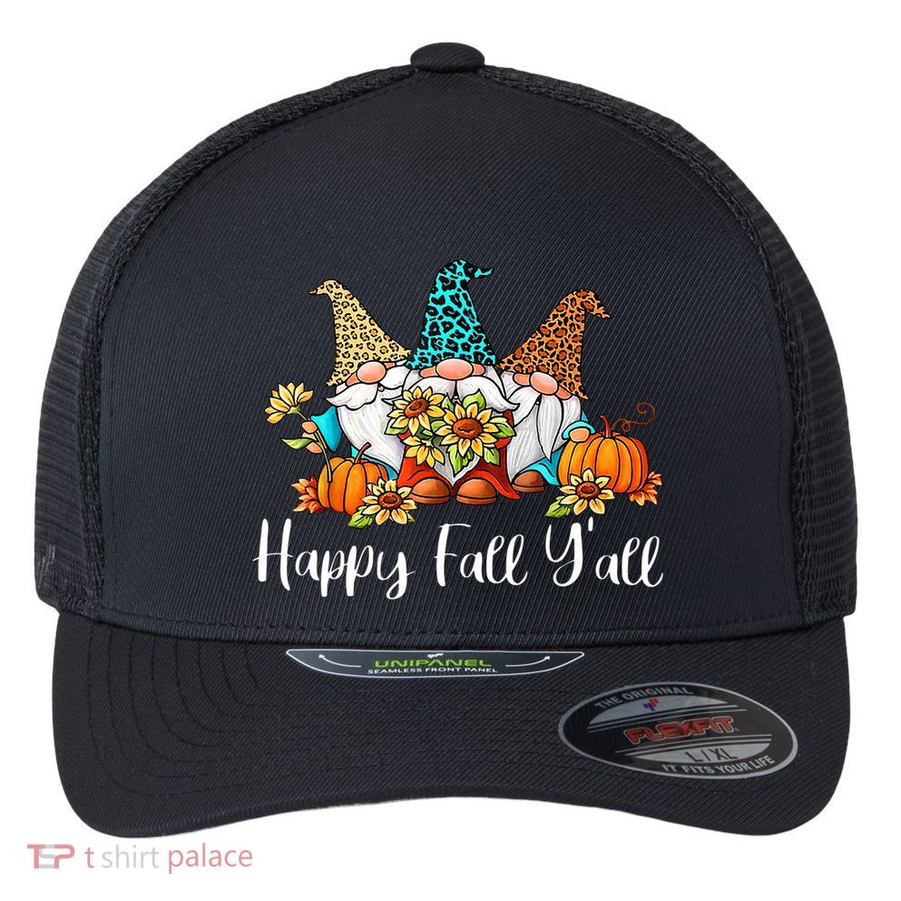 Funny Gnomes Happy Fall Y'all Leopard Pumpkin Autumn Gnomes Flexfit Unipanel Trucker Cap