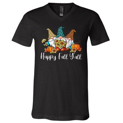 Funny Gnomes Happy Fall Y'all Leopard Pumpkin Autumn Gnomes V-Neck T-Shirt