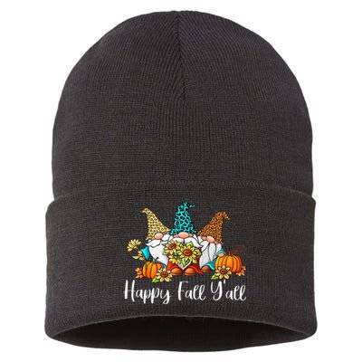 Funny Gnomes Happy Fall Y'all Leopard Pumpkin Autumn Gnomes Sustainable Knit Beanie