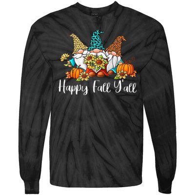 Funny Gnomes Happy Fall Y'all Leopard Pumpkin Autumn Gnomes Tie-Dye Long Sleeve Shirt