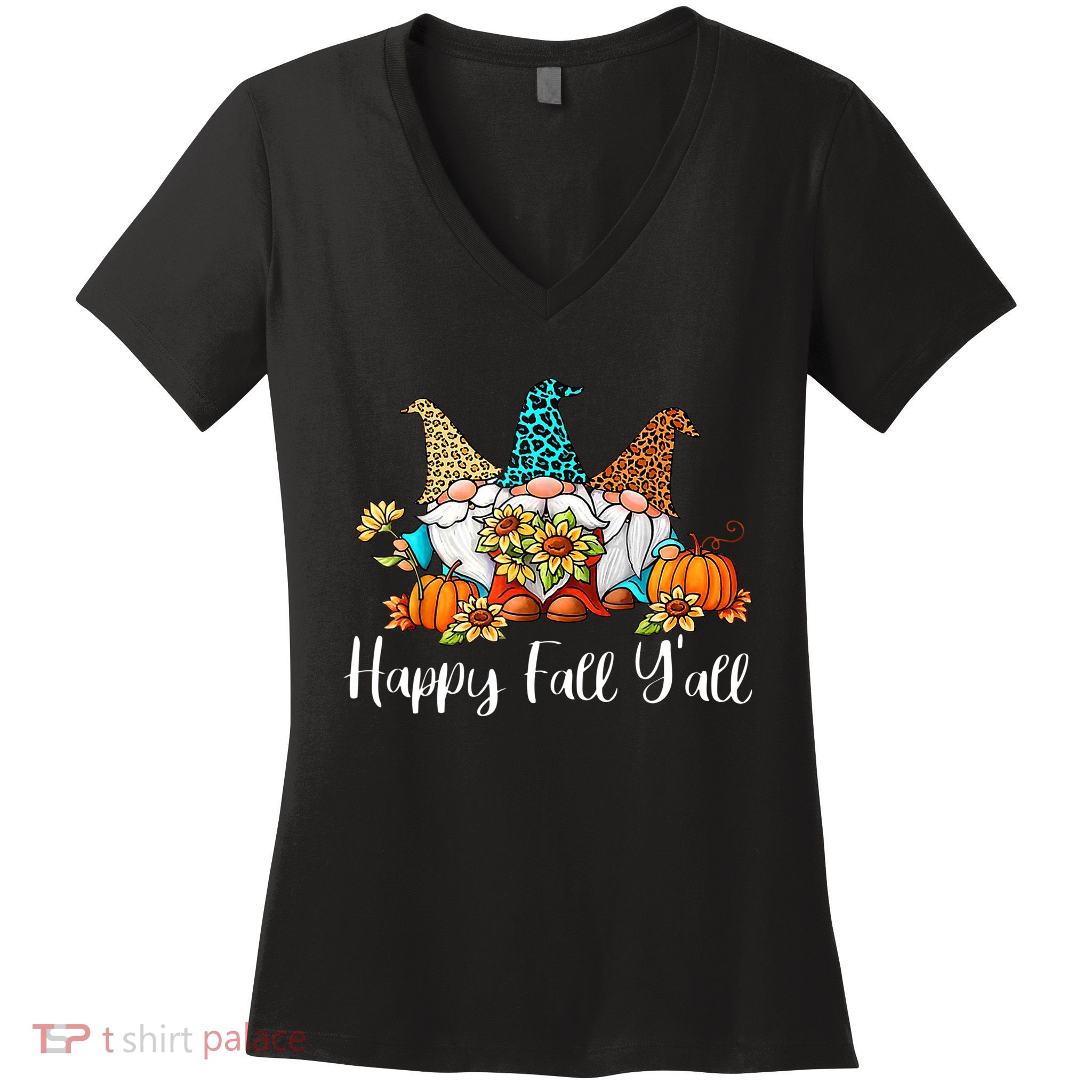 Funny Gnomes Happy Fall Y'all Leopard Pumpkin Autumn Gnomes Women's V-Neck T-Shirt
