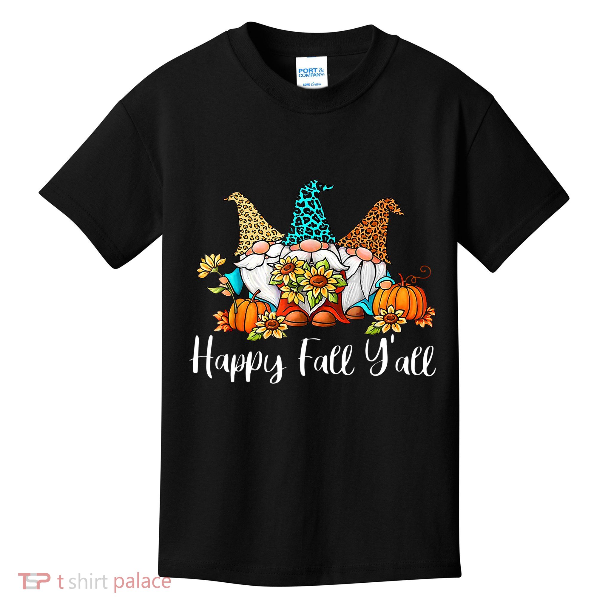 Funny Gnomes Happy Fall Y'all Leopard Pumpkin Autumn Gnomes Kids T-Shirt