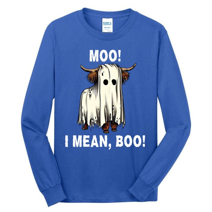 Funny Ghost Highland Cow Halloween Moo I Mean Boo Gift Tall Long Sleeve T-Shirt