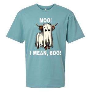 Funny Ghost Highland Cow Halloween Moo I Mean Boo Gift Sueded Cloud Jersey T-Shirt