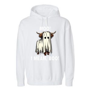 Funny Ghost Highland Cow Halloween Moo I Mean Boo Gift Garment-Dyed Fleece Hoodie