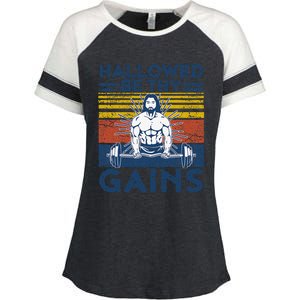 Funny Gym Hallowed Be Thy Gains Fitness Workout Jesus Enza Ladies Jersey Colorblock Tee