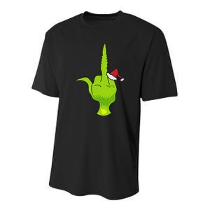 Funny Green Hand Middle Finger Xmas Santa Youth Performance Sprint T-Shirt