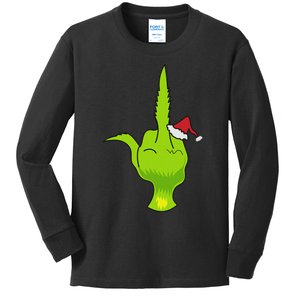 Funny Green Hand Middle Finger Xmas Santa Kids Long Sleeve Shirt