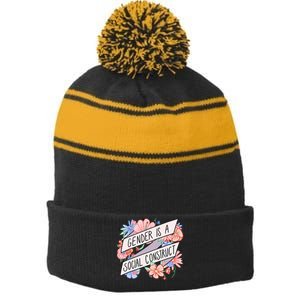 Floral Gender Is A Social Construct Stripe Pom Pom Beanie