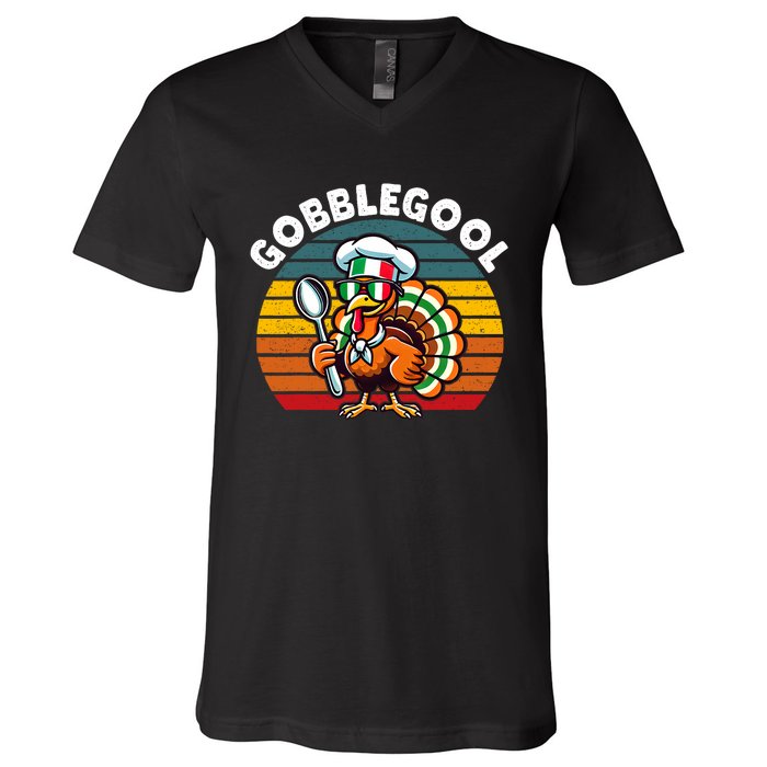 Funny Gobblegool Italian Gobble Turkey Day Fall Thanksgiving V-Neck T-Shirt