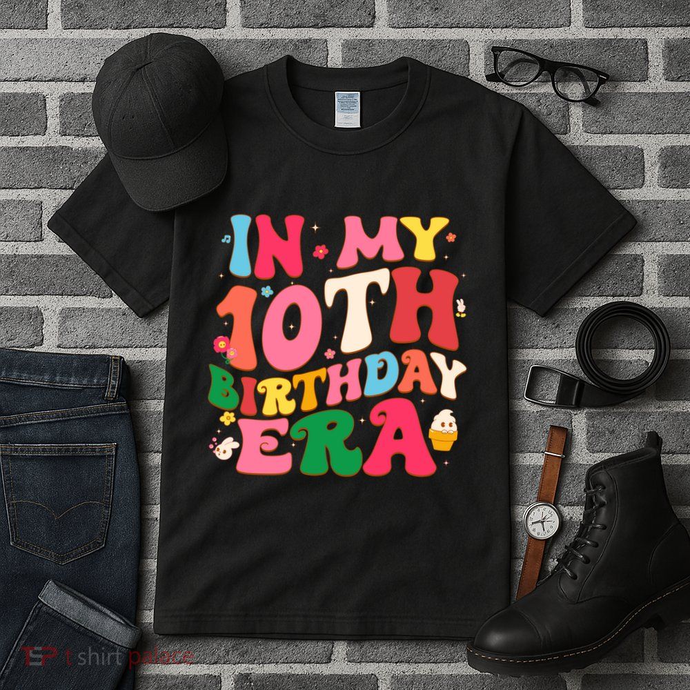 Funny Groovy In My 10th Birthday Era Ten Years Old Birthday Pullover Hoodie Tall T-Shirt