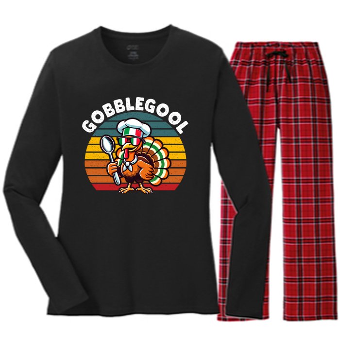 Funny Gobblegool Italian Gobble Turkey Day Fall Thanksgiving Long Sleeve Women's Long Sleeve Flannel Pajama Set 