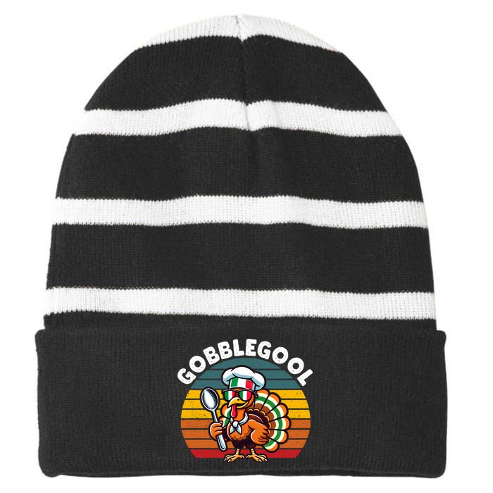 Funny Gobblegool Italian Gobble Turkey Day Fall Thanksgiving Long Sleeve Striped Beanie with Solid Band